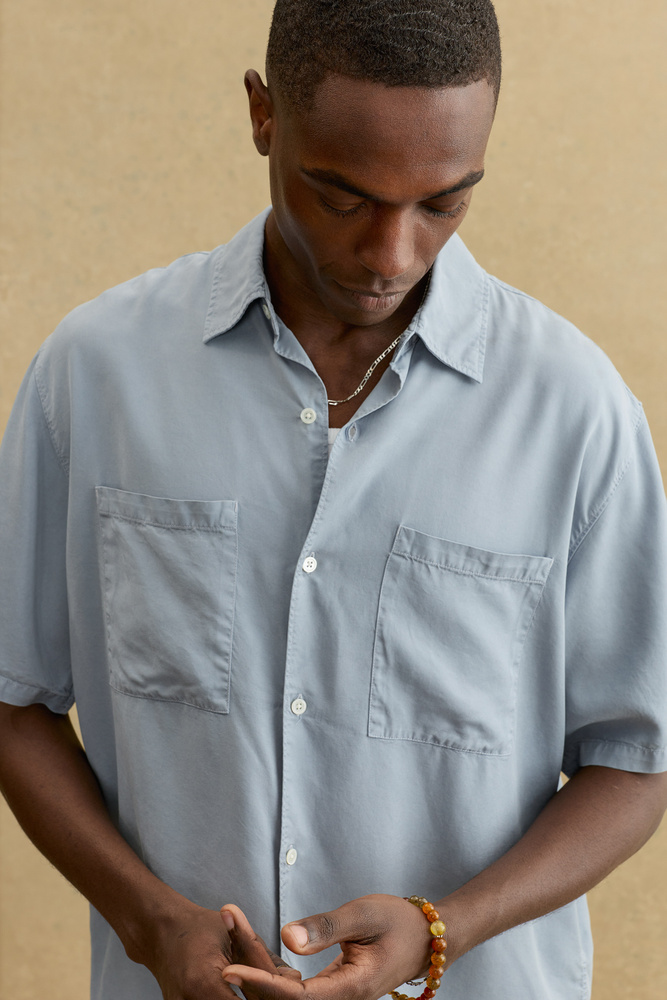 lyocell dress shirt Albini Light Blue Stripe Performance Lyocell Stretch Twill Shirt